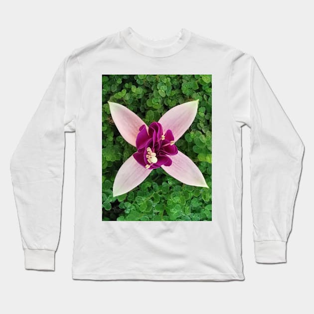 four petal floral fantasy with exotic center in purple and white Long Sleeve T-Shirt by mister-john